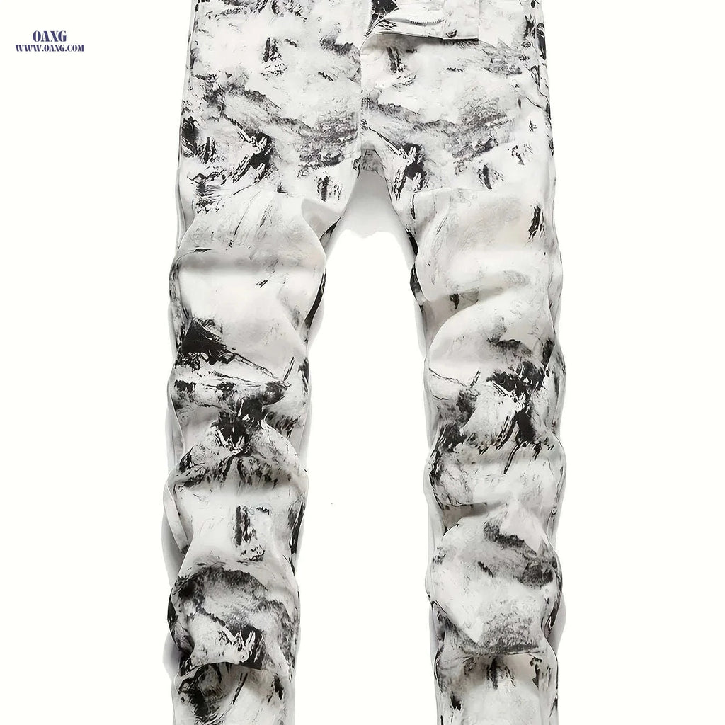 HME Men's Slim Fit White Gray Jeans - Casual Stretch Straight Leg   OAXG 