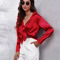 Hot Style In-Kind Shooting Satin Shirt Women'S Satin Imitation Long-Sleeved Shirt New European And American Cross-Border Women'S Clothing   OAXG Red / S