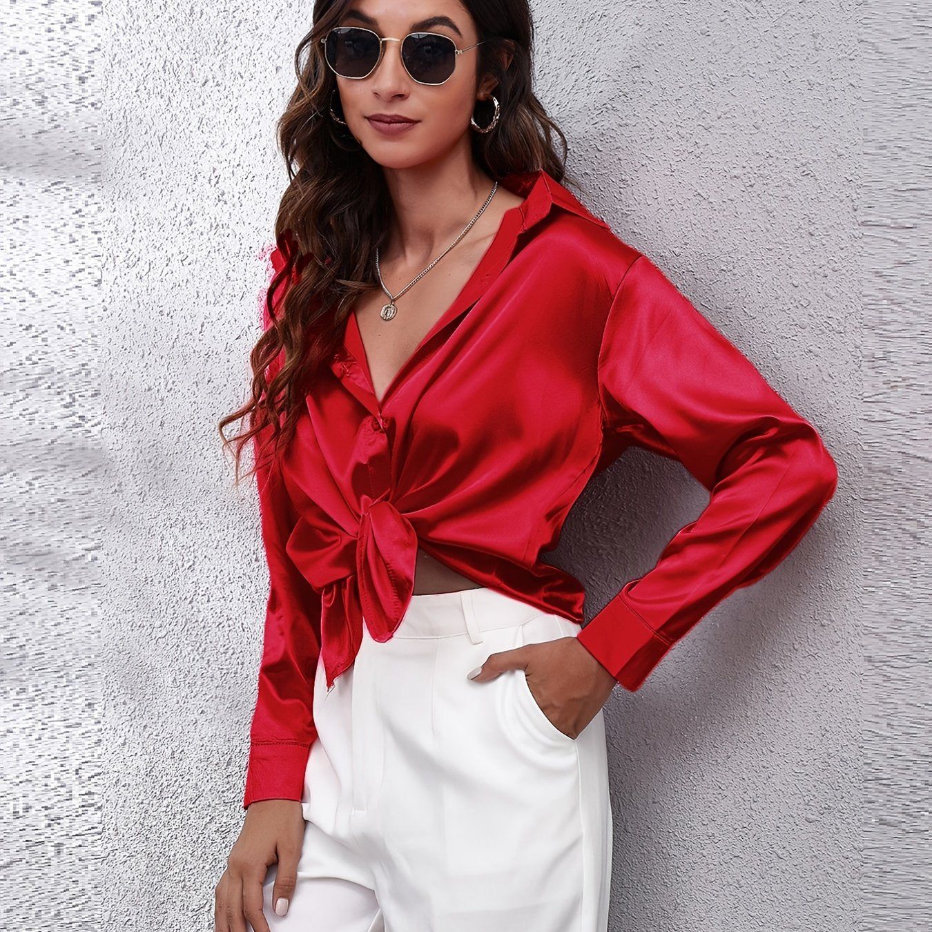 Hot Style In-Kind Shooting Satin Shirt Women'S Satin Imitation Long-Sleeved Shirt New European And American Cross-Border Women'S Clothing   OAXG Red / S