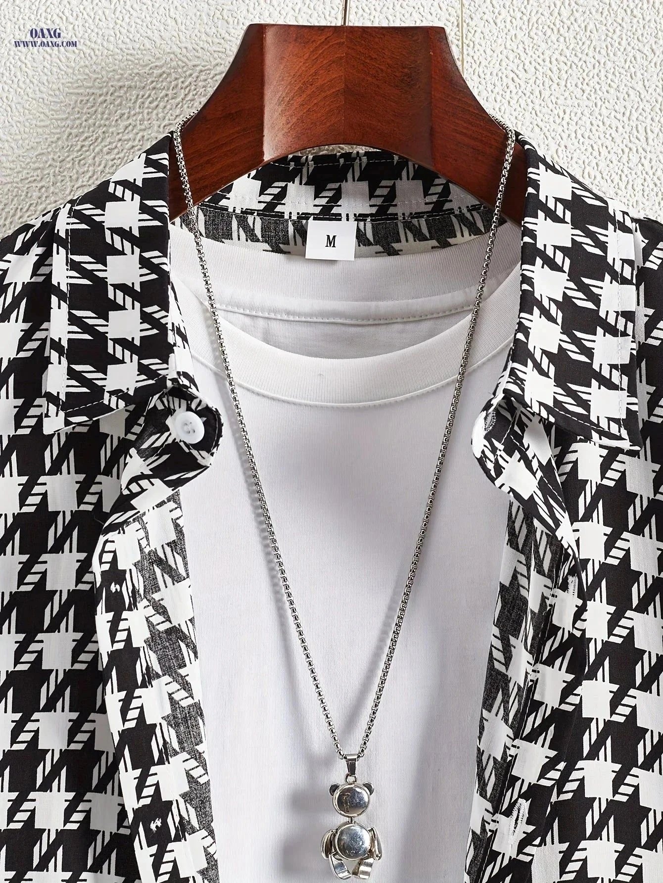 Houndstooth Print Button Up Shirt - Short Sleeve Summer Casual   OAXG Black / FR S