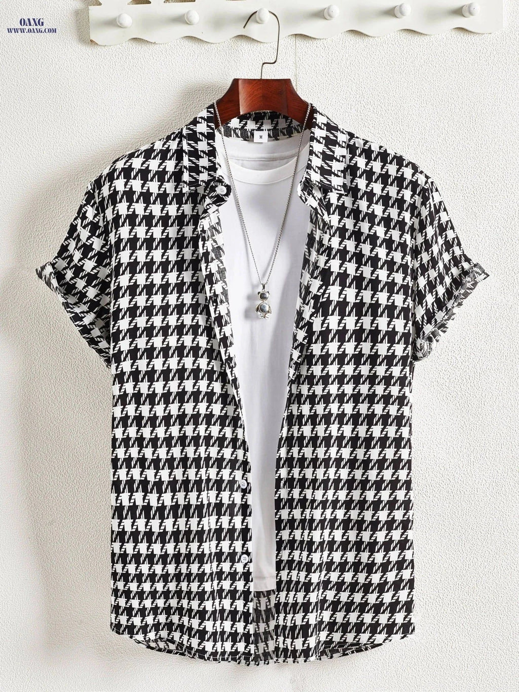 Houndstooth Print Button Up Shirt - Short Sleeve Summer Casual   OAXG Black / FR S