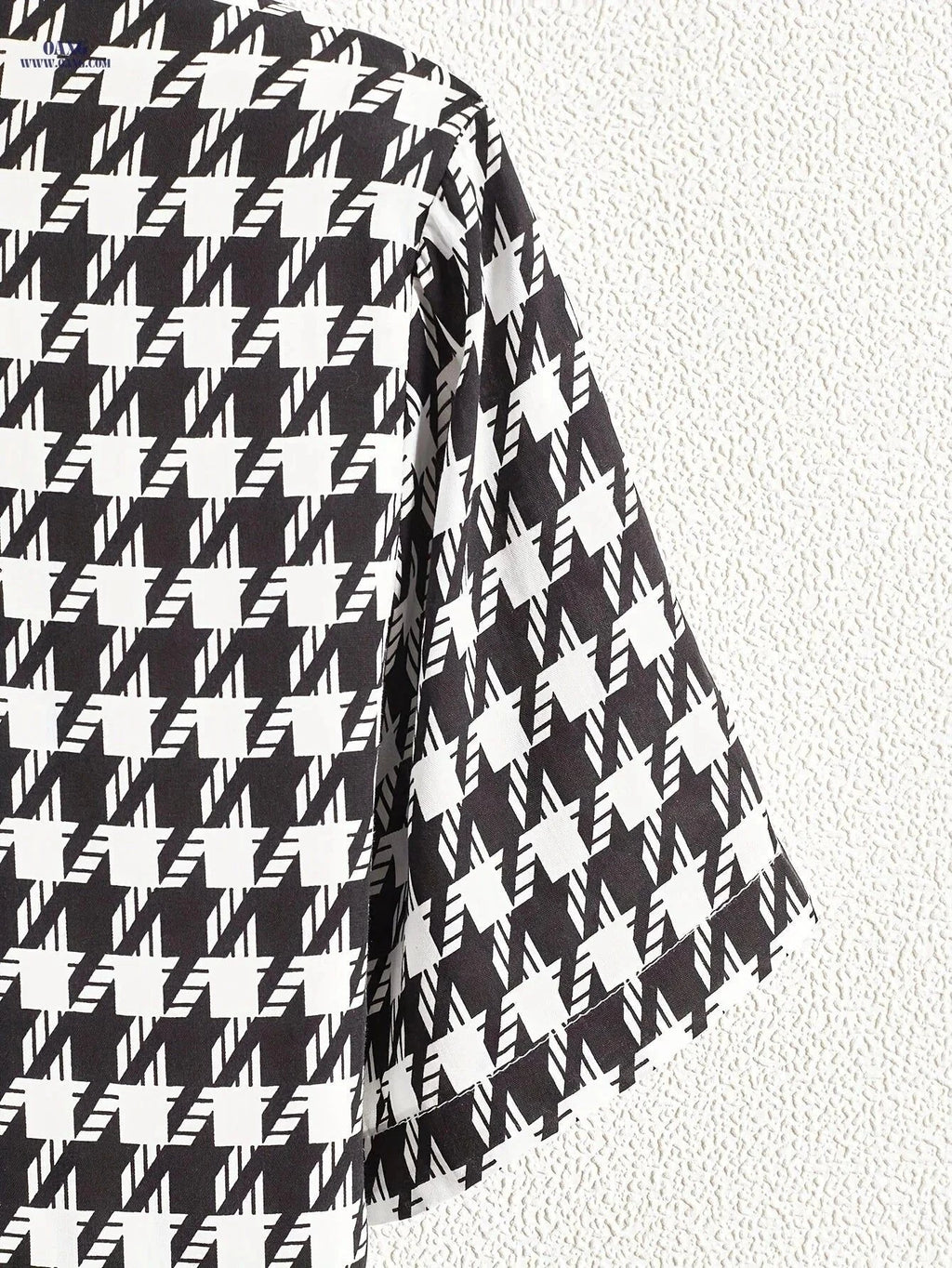 Houndstooth Print Button Up Shirt - Short Sleeve Summer Casual   OAXG Black / FR S