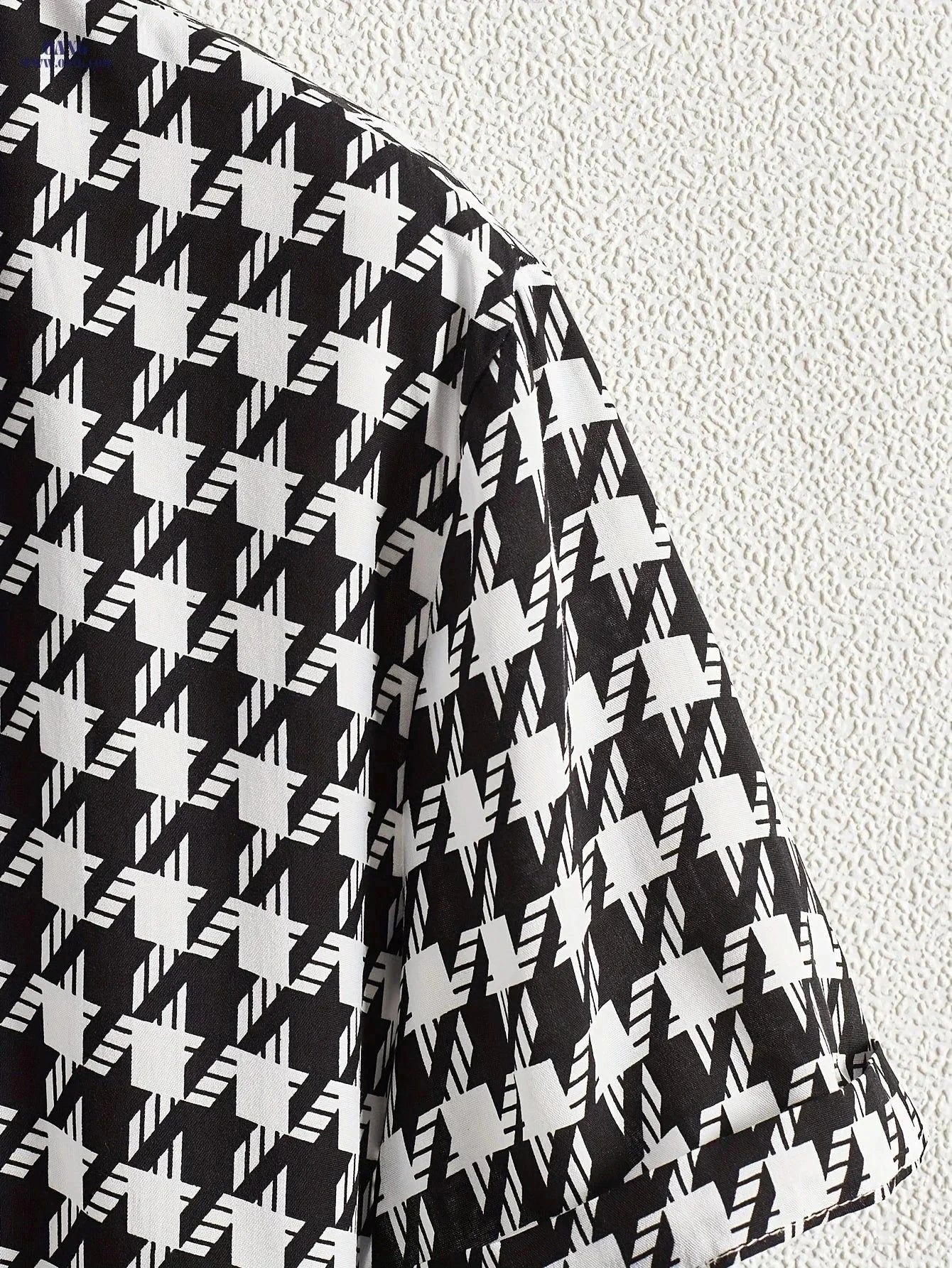Houndstooth Print Button Up Shirt - Short Sleeve Summer Casual   OAXG Black / FR S