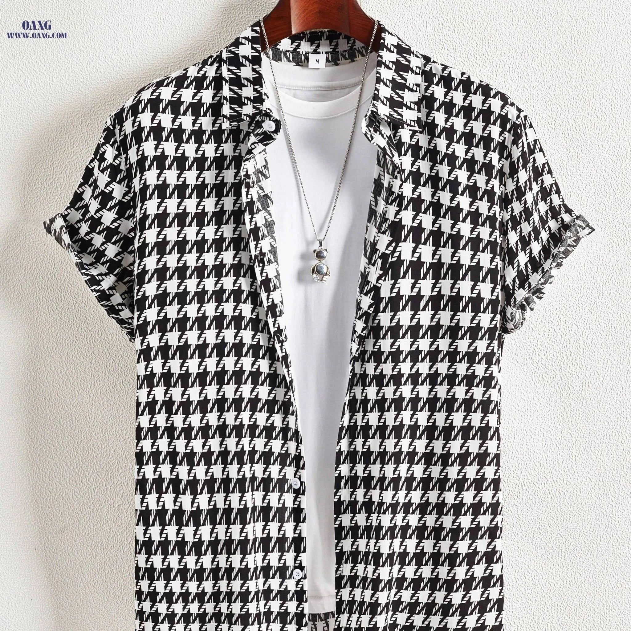Houndstooth Print Button Up Shirt - Short Sleeve Summer Casual   OAXG Black / FR S