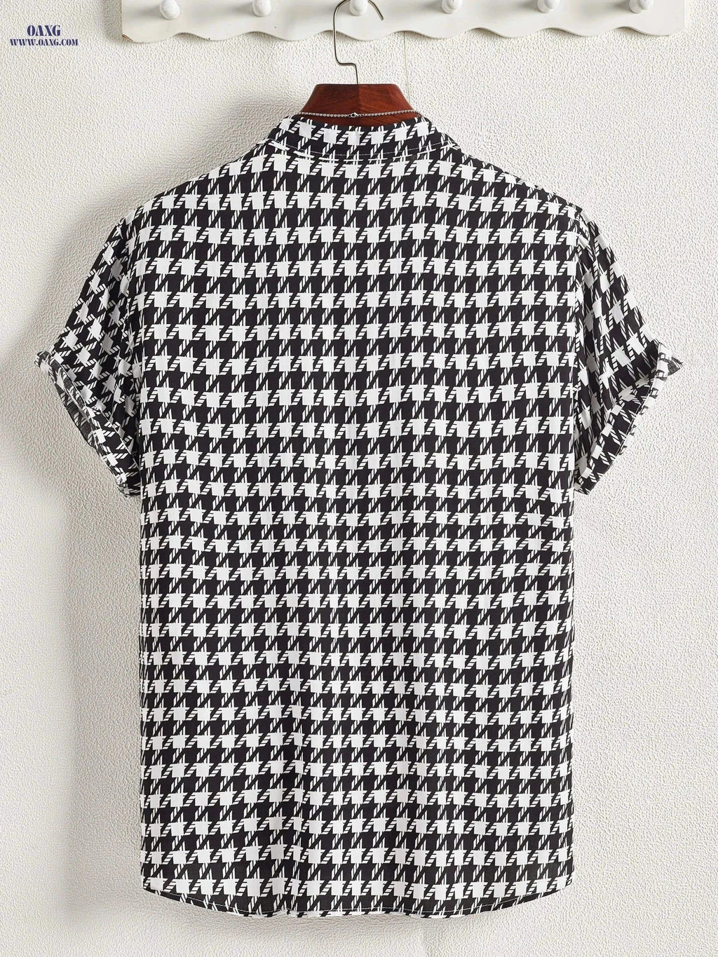 Houndstooth Print Button Up Shirt - Short Sleeve Summer Casual   OAXG Black / FR S
