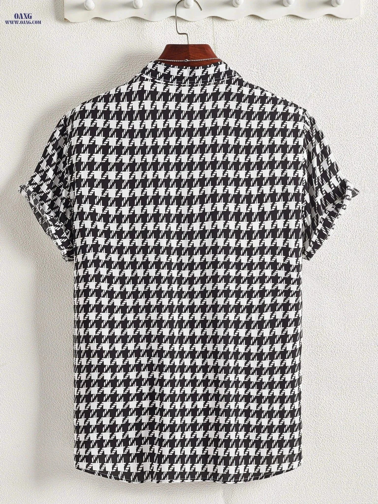 Houndstooth Print Button Up Shirt - Short Sleeve Summer Casual   OAXG Black / FR S