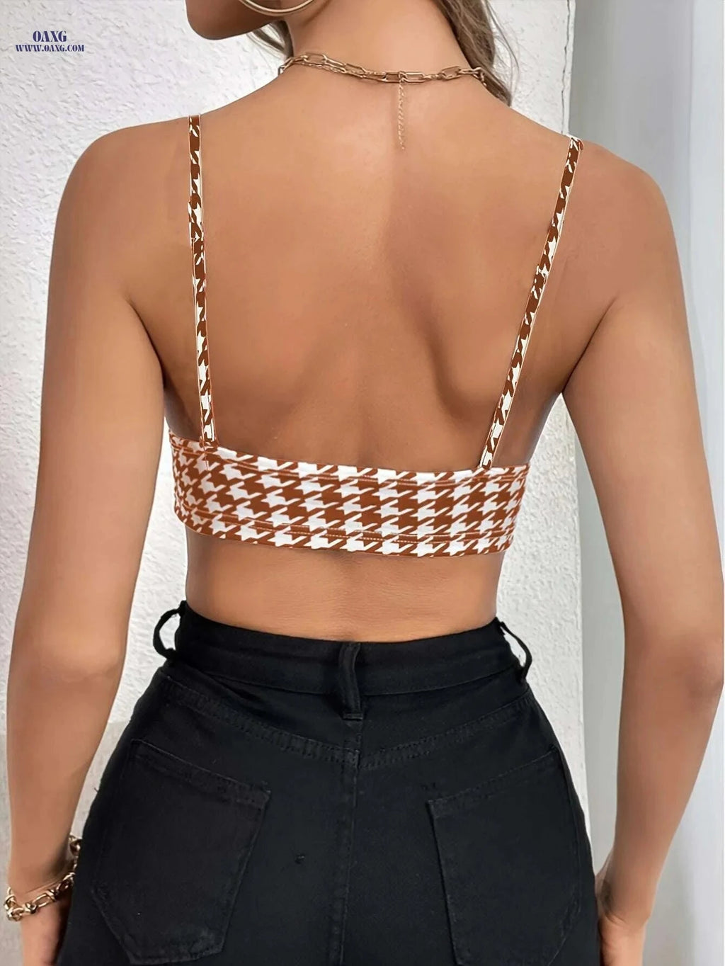Houndstooth V Neck Cami Top - Women's Backless Slim Crop Top   OAXG Mixed Color / XS