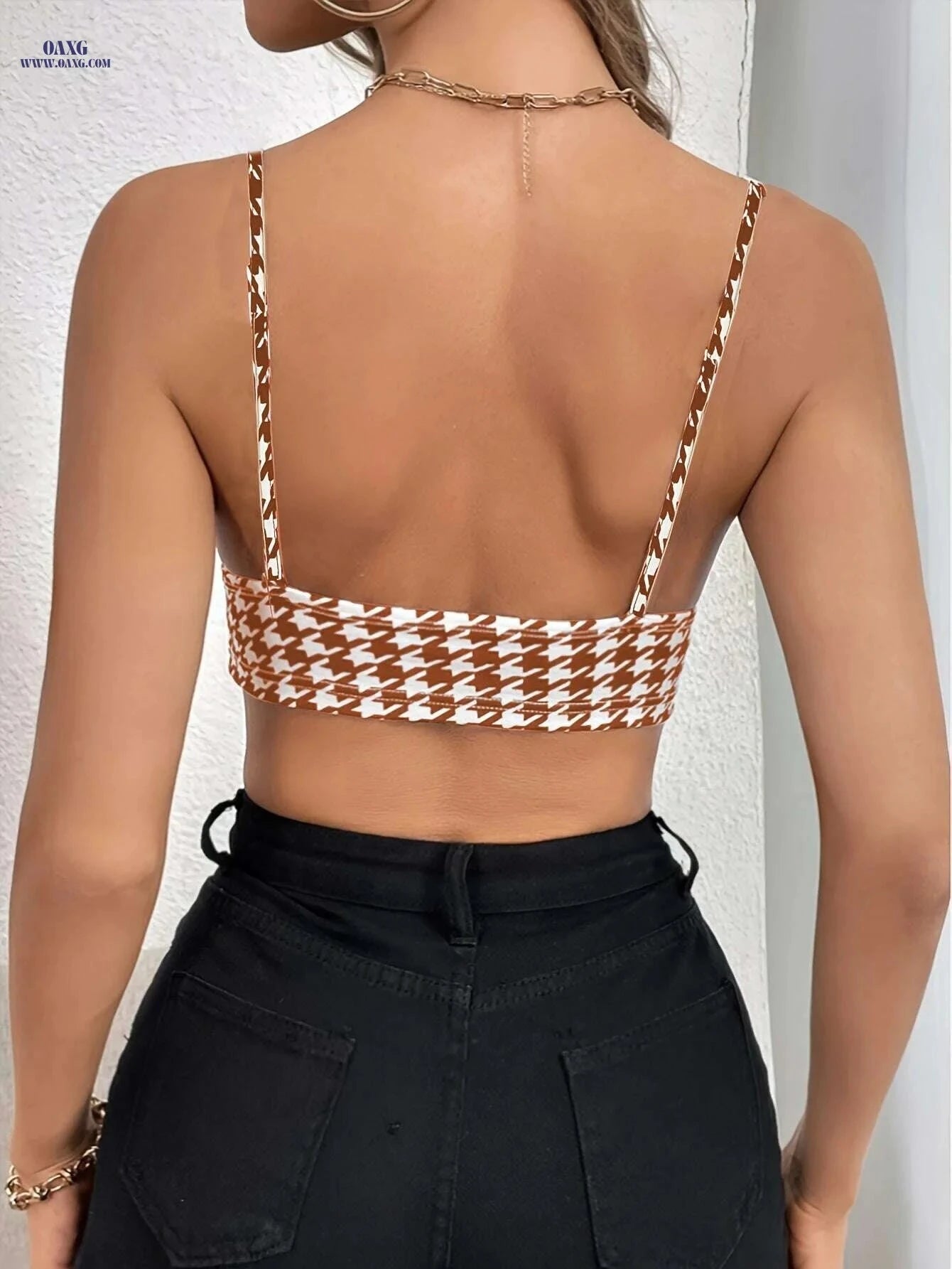 Houndstooth V Neck Cami Top - Women's Backless Slim Crop Top   OAXG Mixed Color / XS