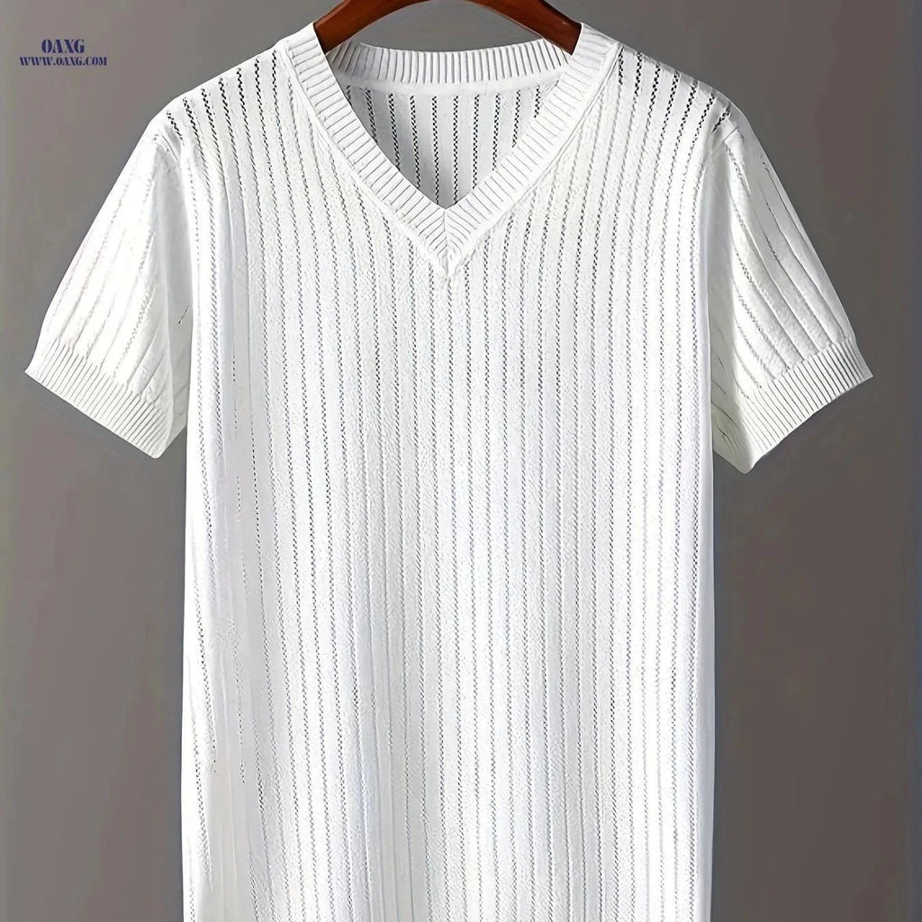Ice Silky Fiber V-Neck Knitted Sweater - Short Sleeve Casual Style   OAXG White / FR XS