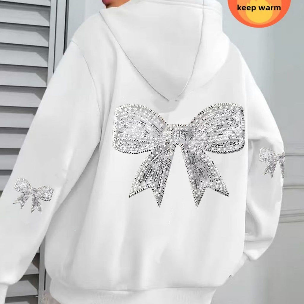 Imitation Diamond Bow Print Zip-up Hooded Sweatshirt, Casual Long-sleeve Zip-up Hoodie - Polyester Fabric, Perfect for Autumn and Winter. Comfortable Women's Zip-up Hooded Sweatshirt, Fashionable for Ladies - Soft and Breathable,