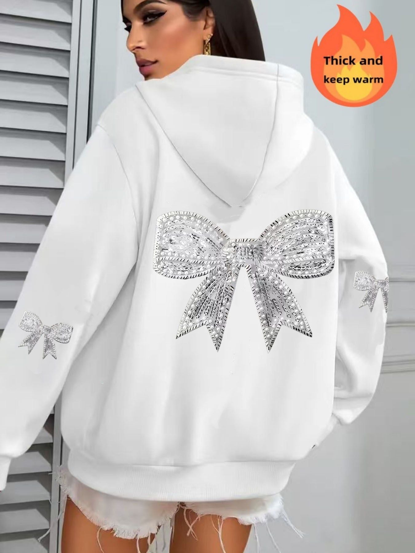 Imitation Diamond Bow Print Zip-up Hooded Sweatshirt, Casual Long-sleeve Zip-up Hoodie - Polyester Fabric, Perfect for Autumn and Winter. Comfortable Women's Zip-up Hooded Sweatshirt, Fashionable for Ladies - Soft and Breathable,