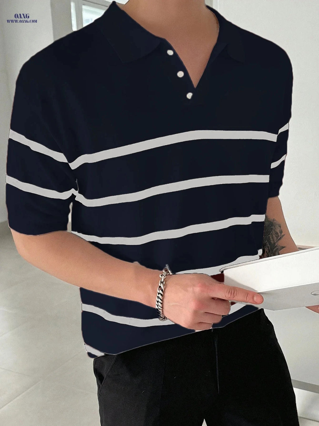 Inchantu Men's Casual Business Polo T-Shirt - Summer Knit Striped Style   OAXG 