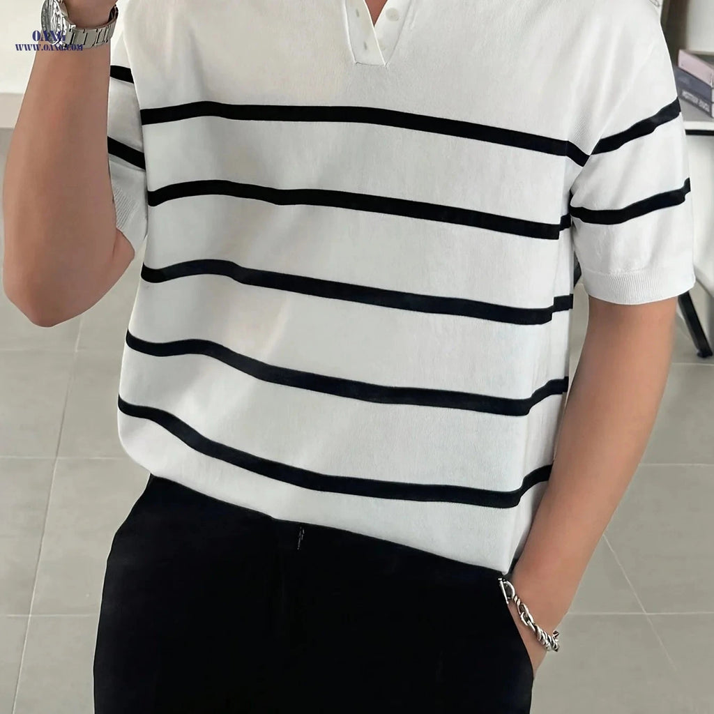 Inchantu Men's Casual Business Polo T-Shirt - Summer Knit Striped Style   OAXG 