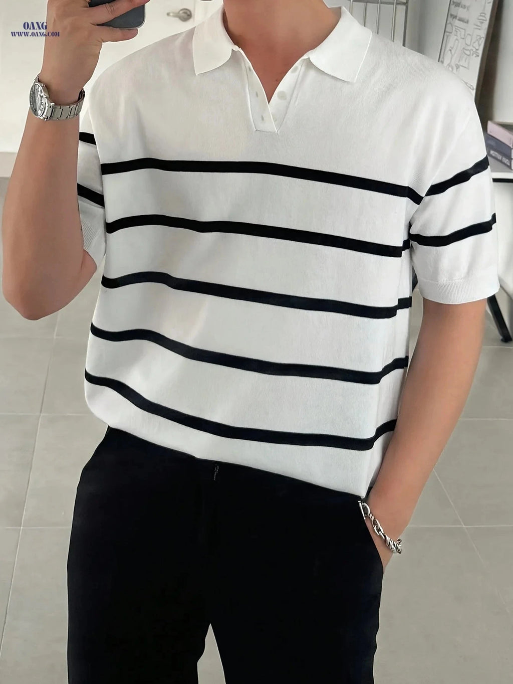 Inchantu Men's Casual Business Polo T-Shirt - Summer Knit Striped Style   OAXG White / FR S