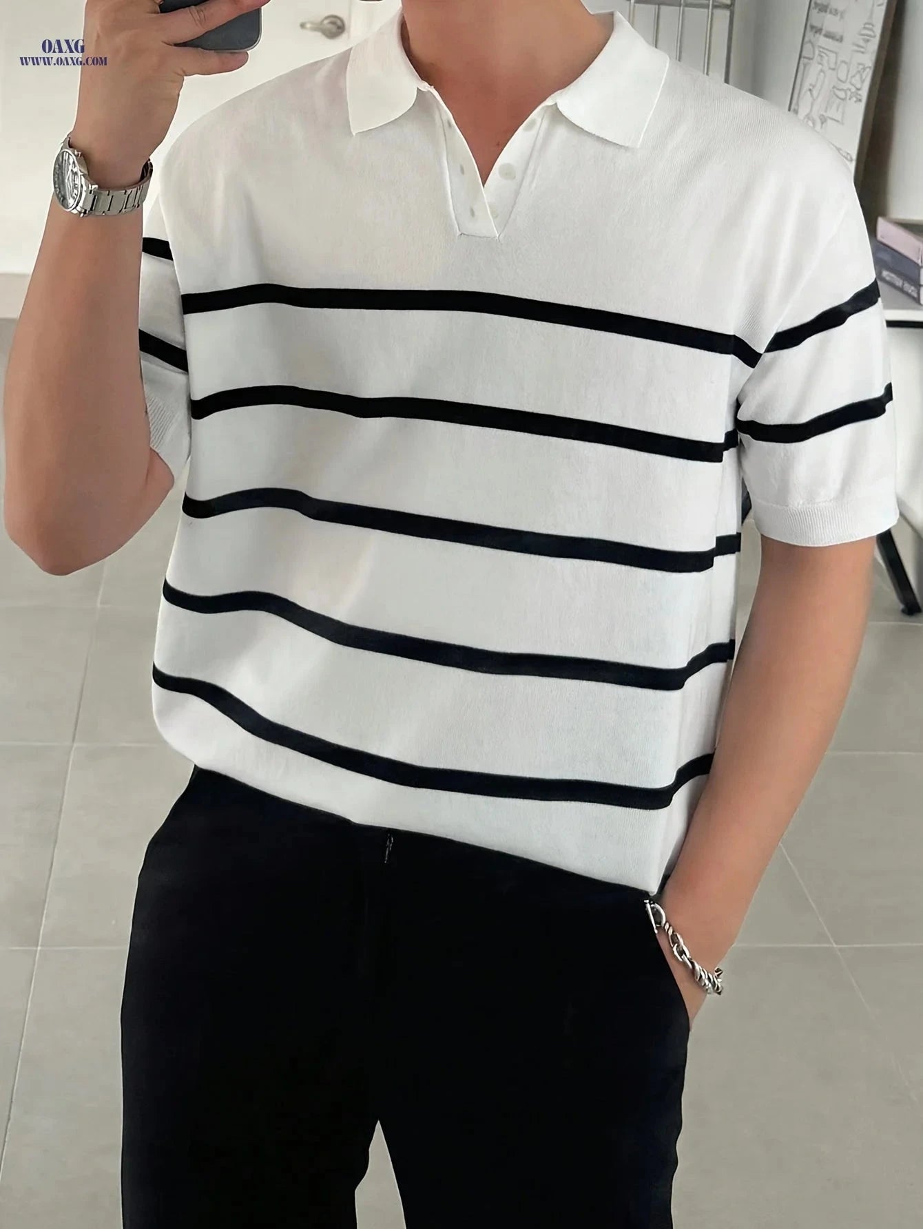 Inchantu Men's Casual Business Polo T-Shirt - Summer Knit Striped Style   OAXG White / FR S