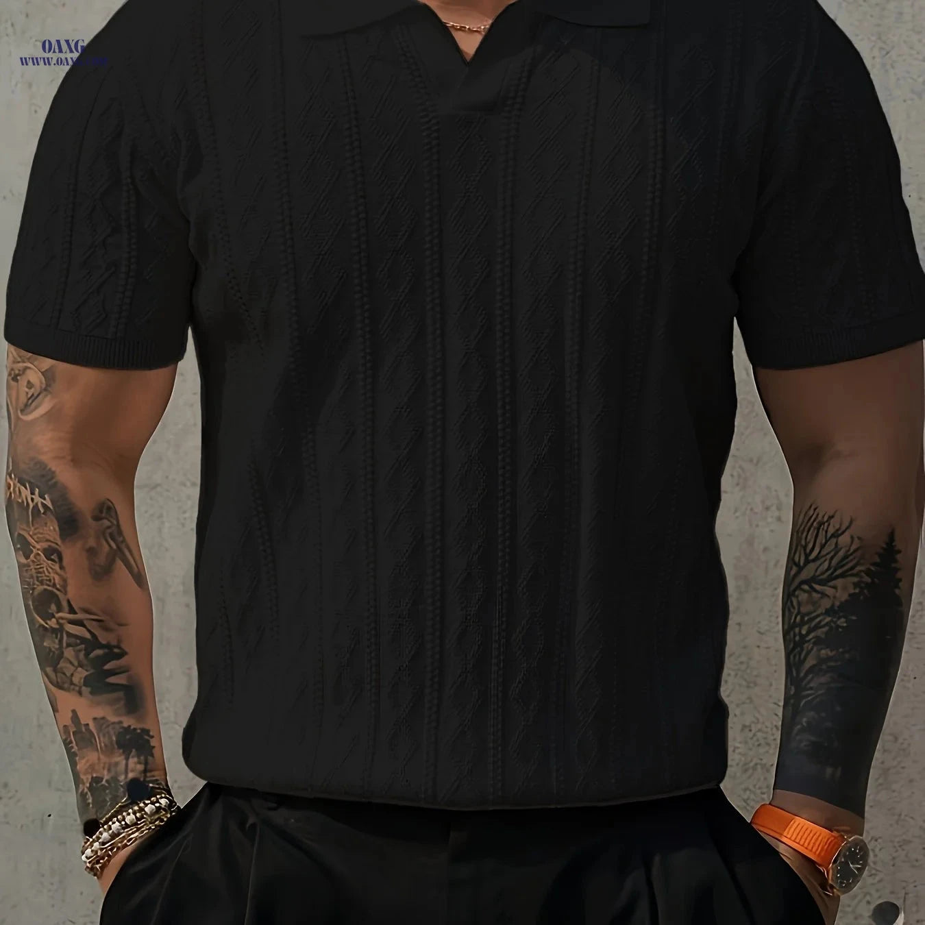Inchantu Men's Knit Casual T-Shirt - Contrast Color Polo Design   OAXG 