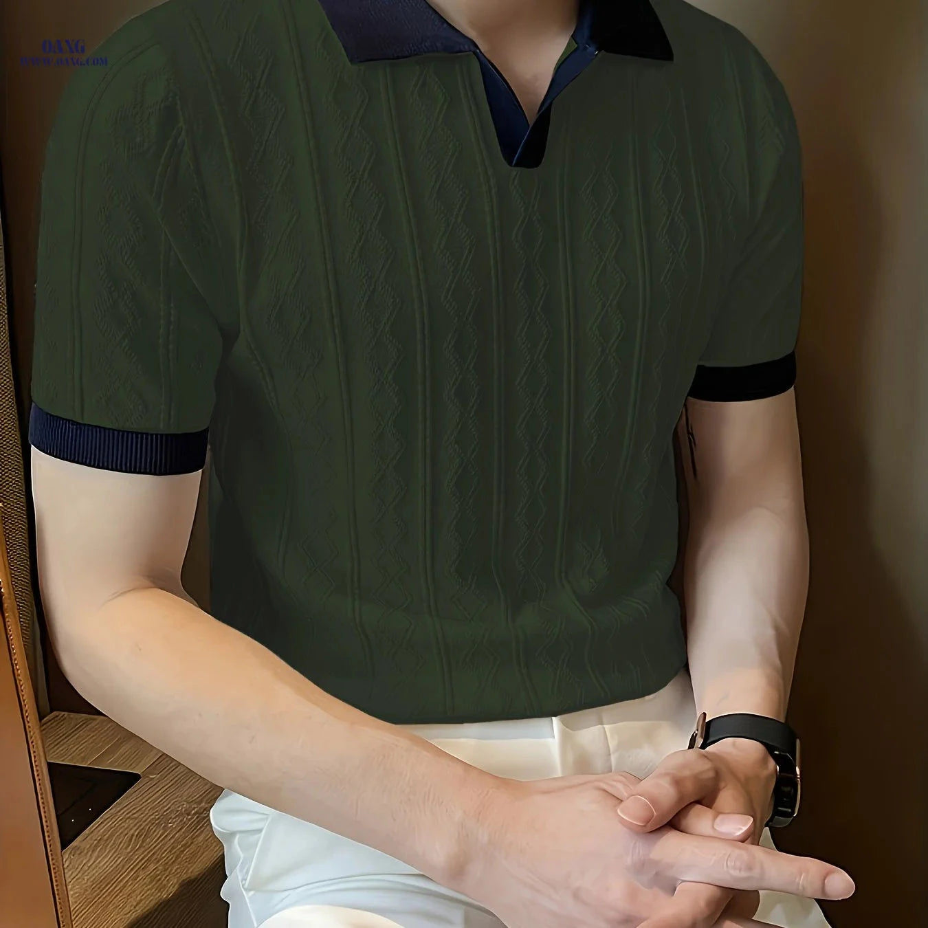 Inchantu Men's Knit Casual T-Shirt - Contrast Color Polo Design   OAXG Milky / FR XS