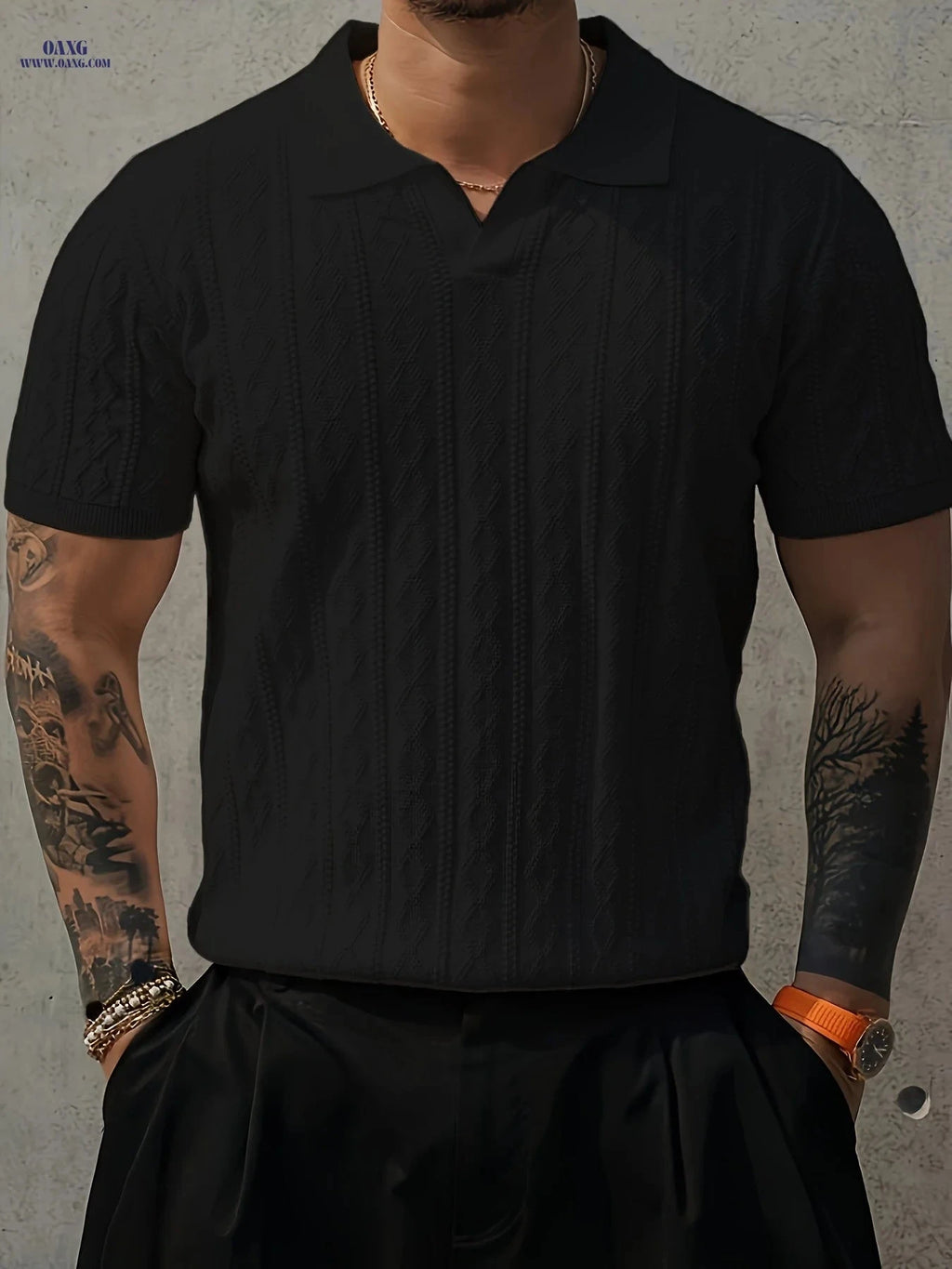 Inchantu Men's Knit Casual T-Shirt - Contrast Color Polo Design   OAXG Milky / FR XS