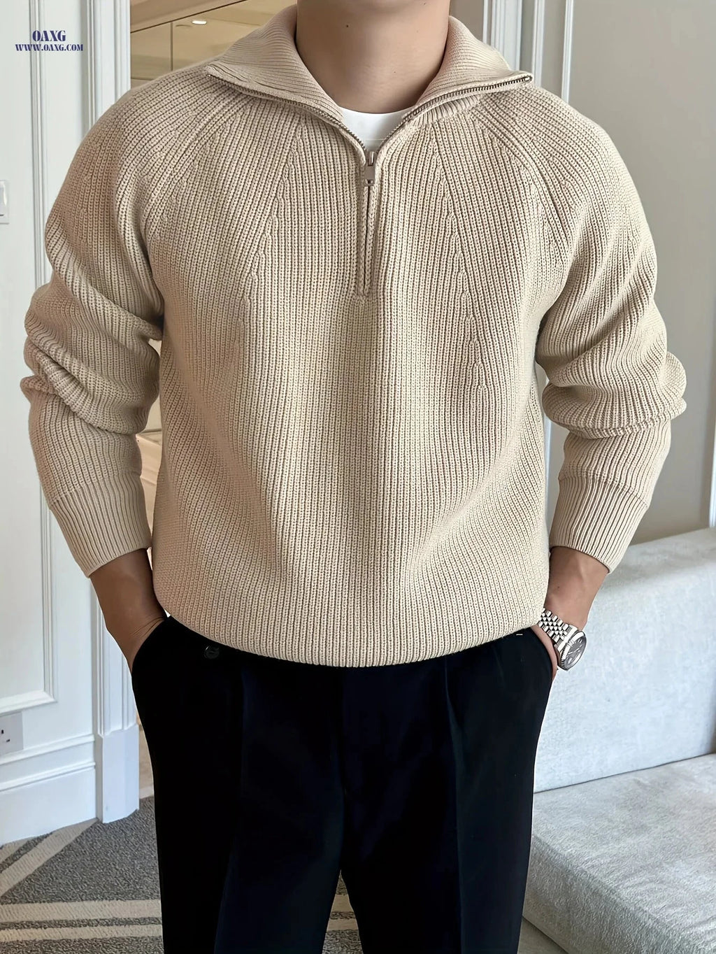 Inchantu Men's Thick Zip-Up Sweater - Solid Color & Minimalist Design   OAXG 