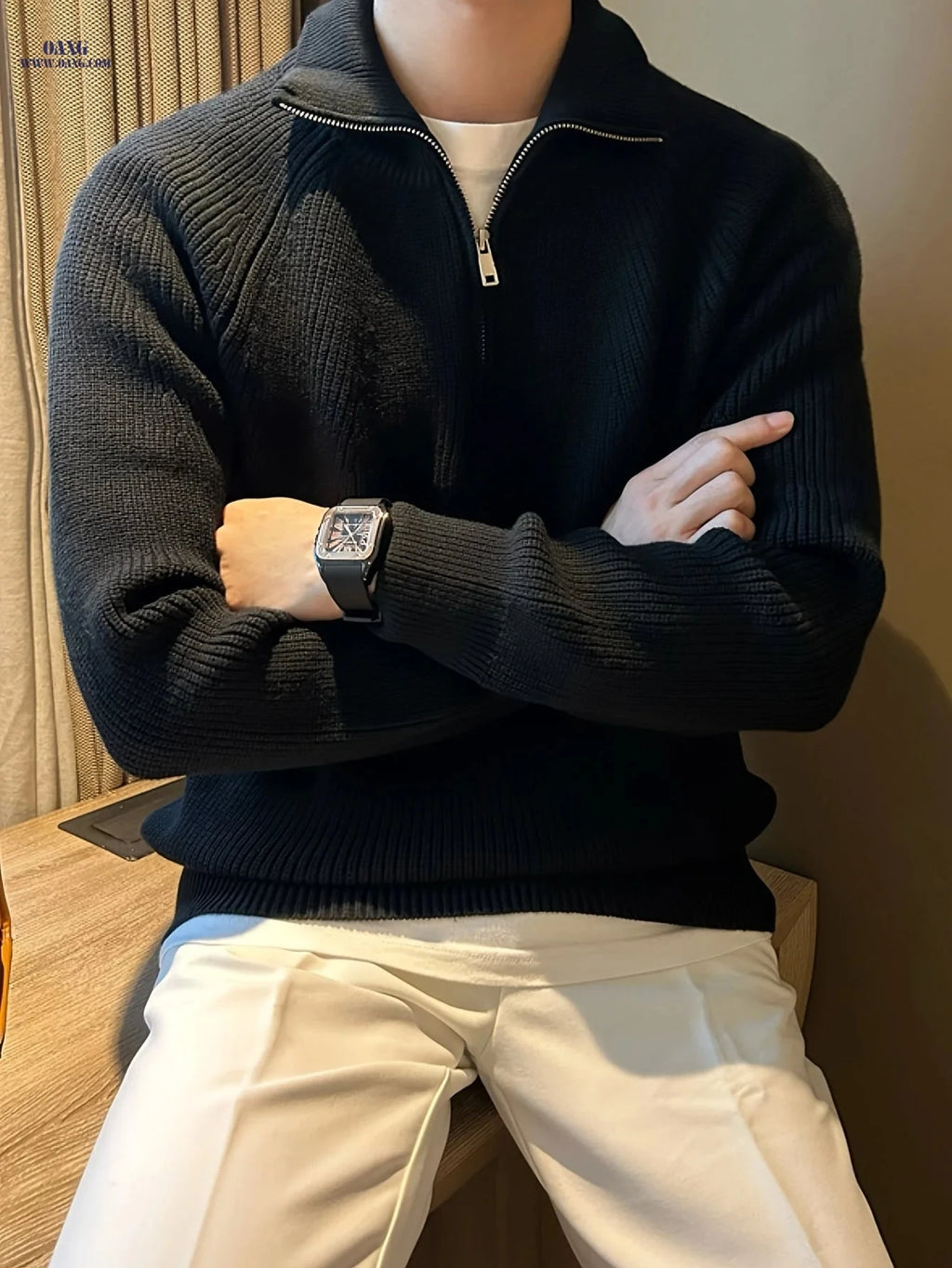 Inchantu Men's Thick Zip-Up Sweater - Solid Color & Minimalist Design   OAXG Khaki / FR XS