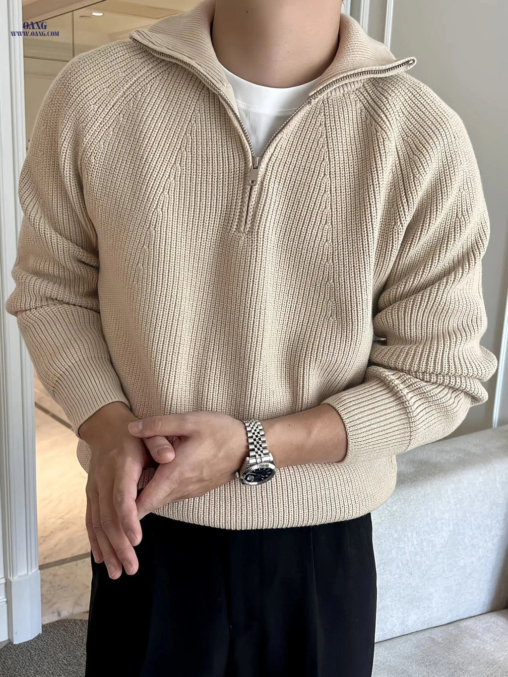 Inchantu Men's Thick Zip-Up Sweater - Solid Color & Minimalist Design   OAXG Khaki / FR XS