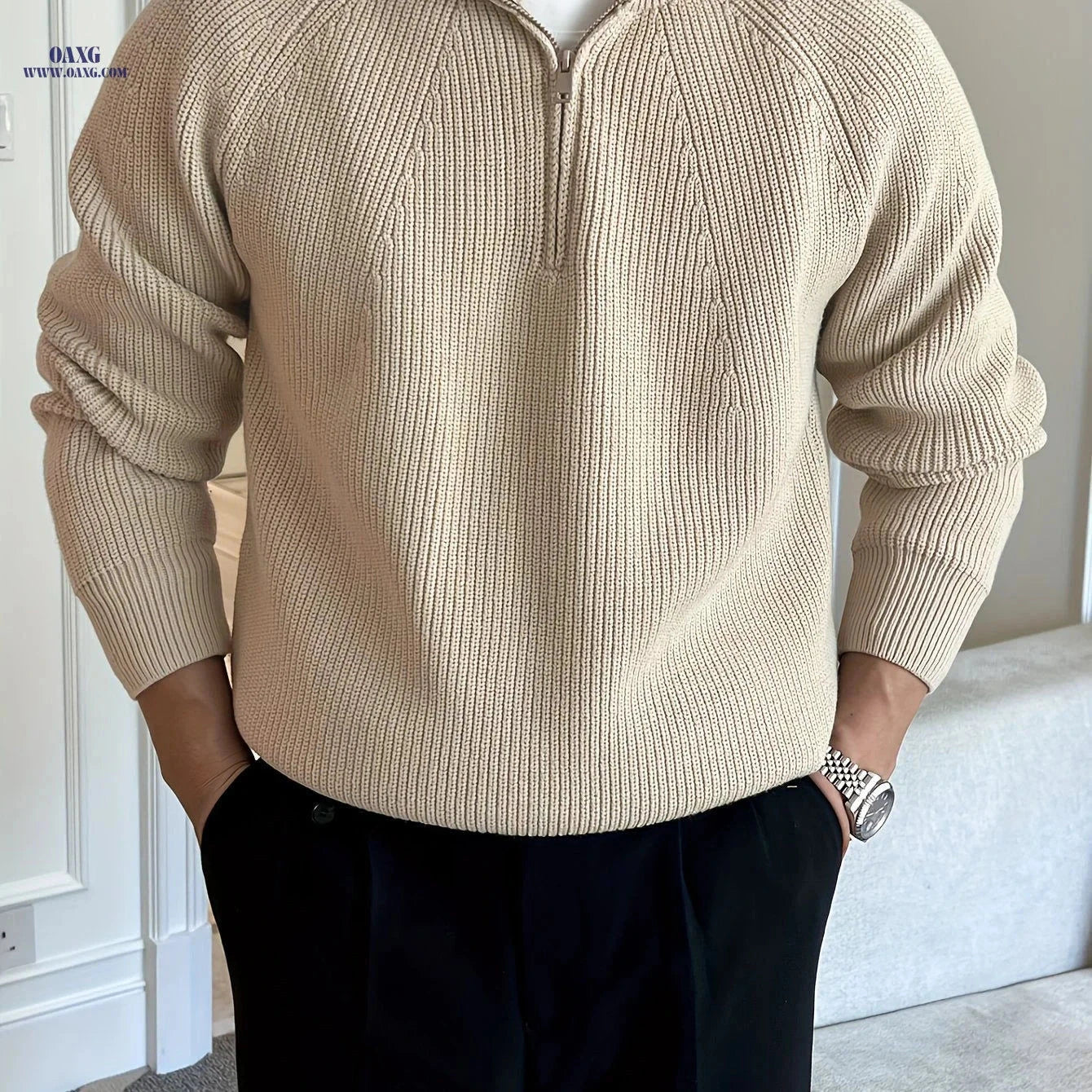Inchantu Men's Zip-Up Sweater - Thick Minimalist Raglan Design   OAXG 