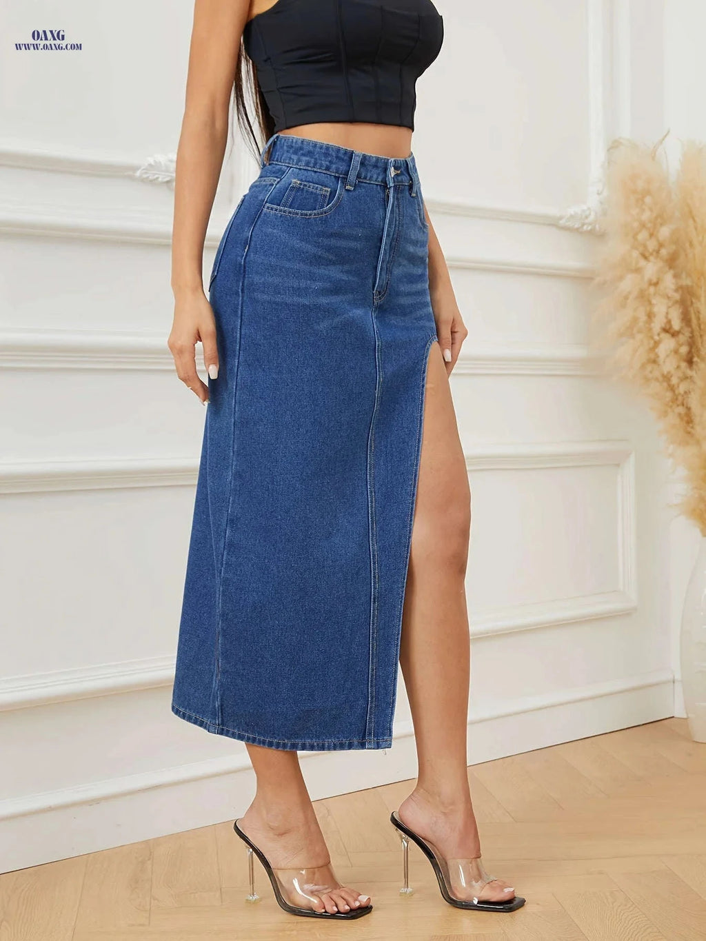 Irregular Cutout Denim Dress - Women's High Waist Midi Style   OAXG Medium Blue / XS