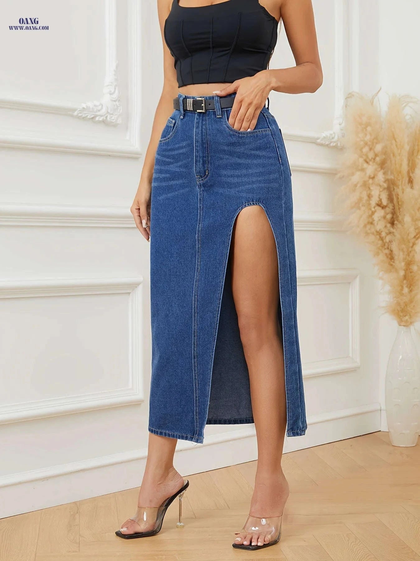 Irregular Cutout Denim Dress - Women's High Waist Midi Style   OAXG Medium Blue / XS