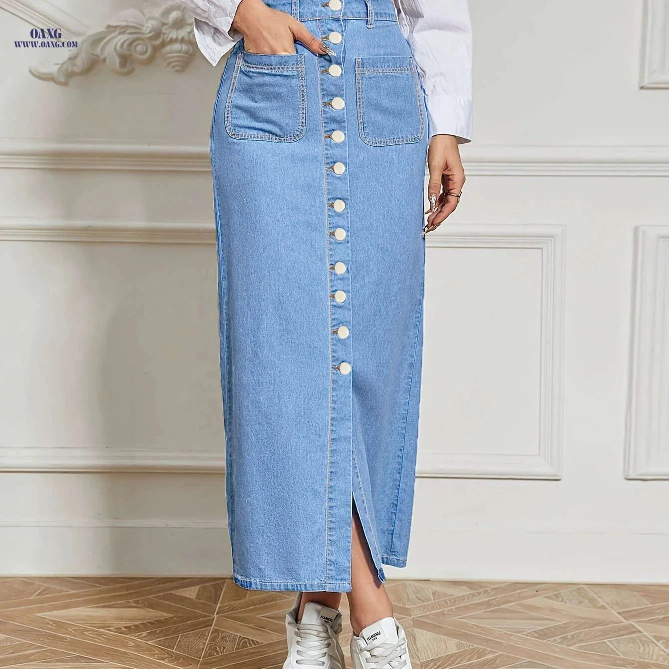 IXBGG Women's Stretchy Denim Maxi Skirt - Casual Yet Fashionable Fit   OAXG Medium Blue / S