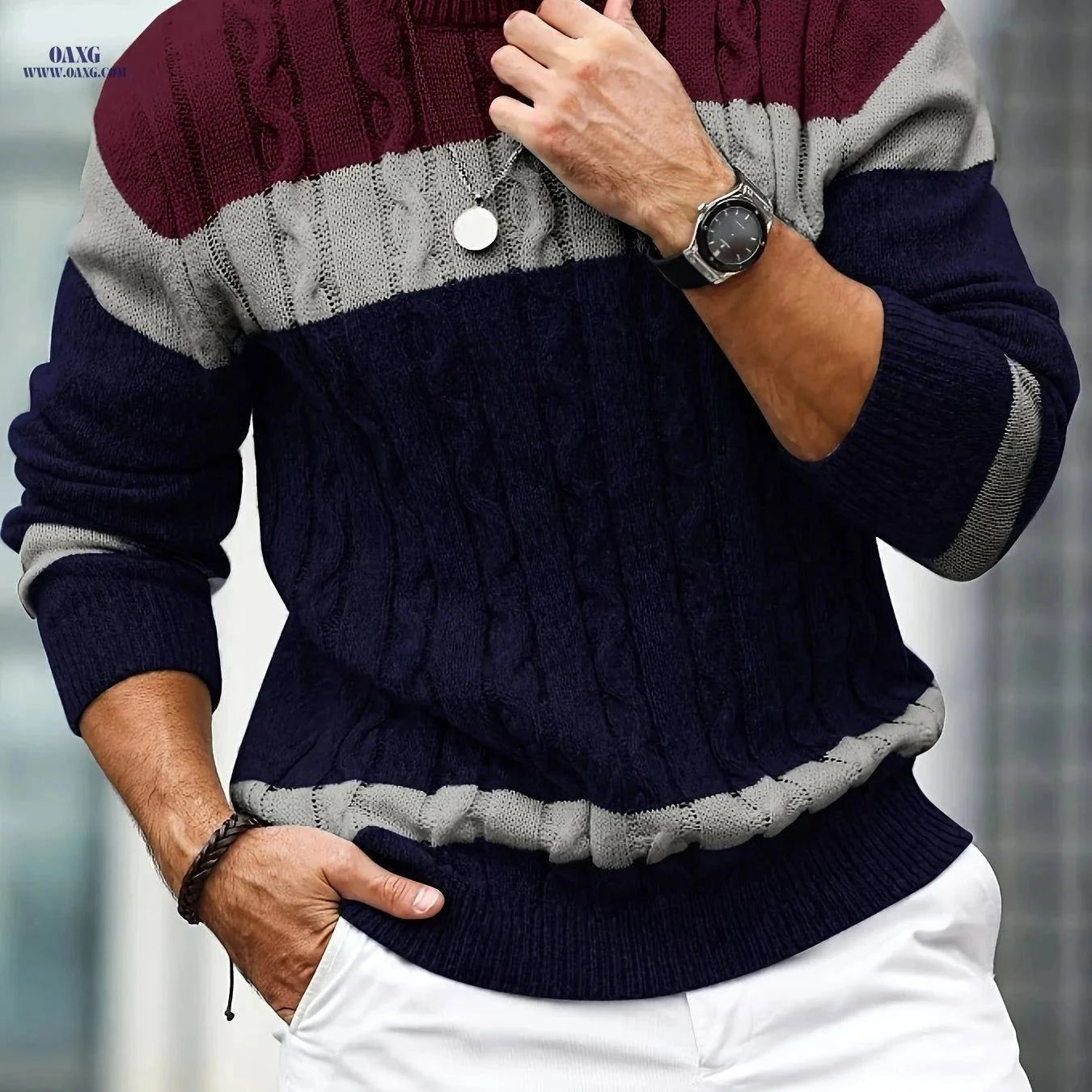JANE DRESSINGLOG Men's Cable Knit Color Block Sweater - Warm Pullover   OAXG Grey Brown / FR M