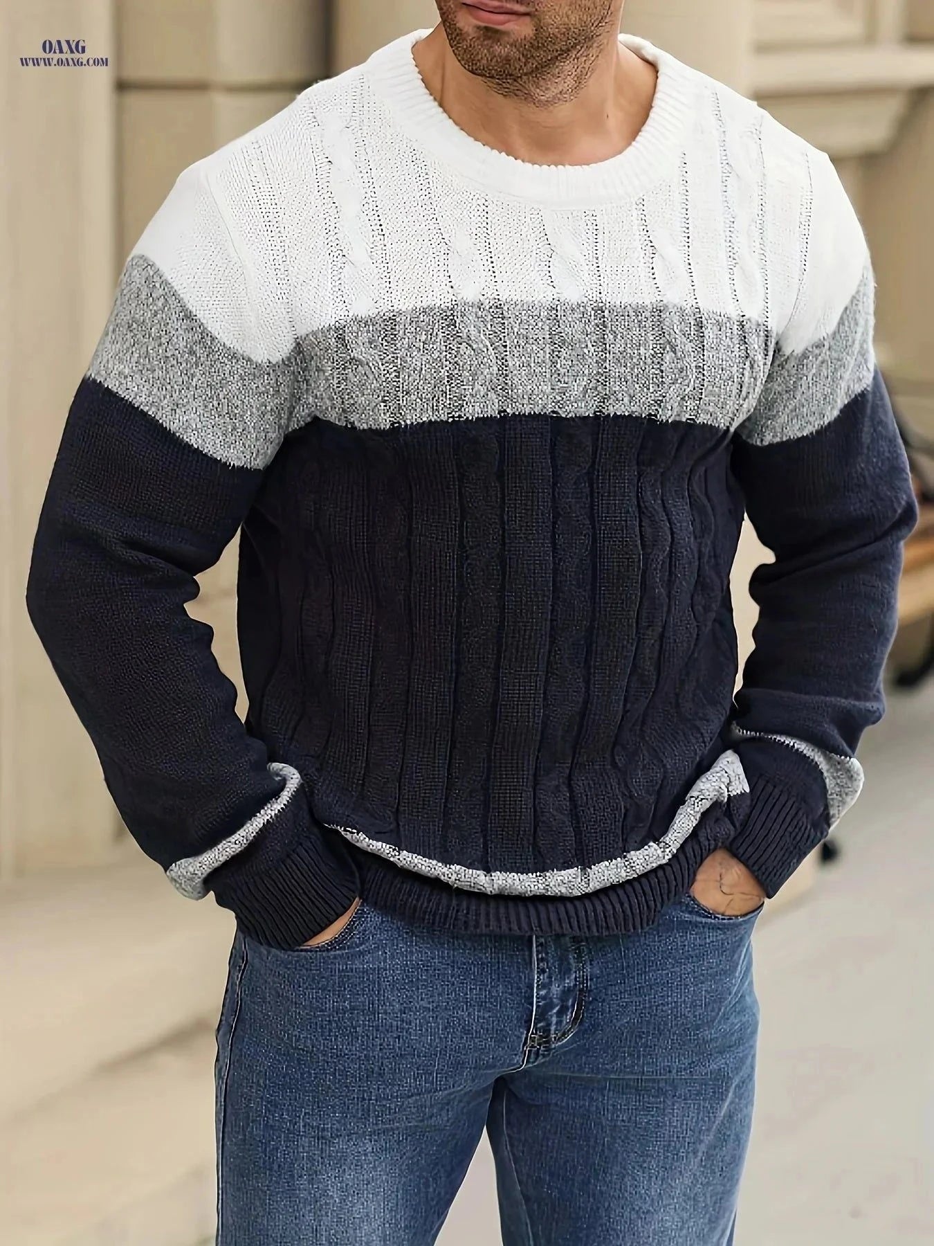 JANE DRESSINGLOG Men's Cable Knit Color Block Sweater - Warm Pullover   OAXG Grey Brown / FR M