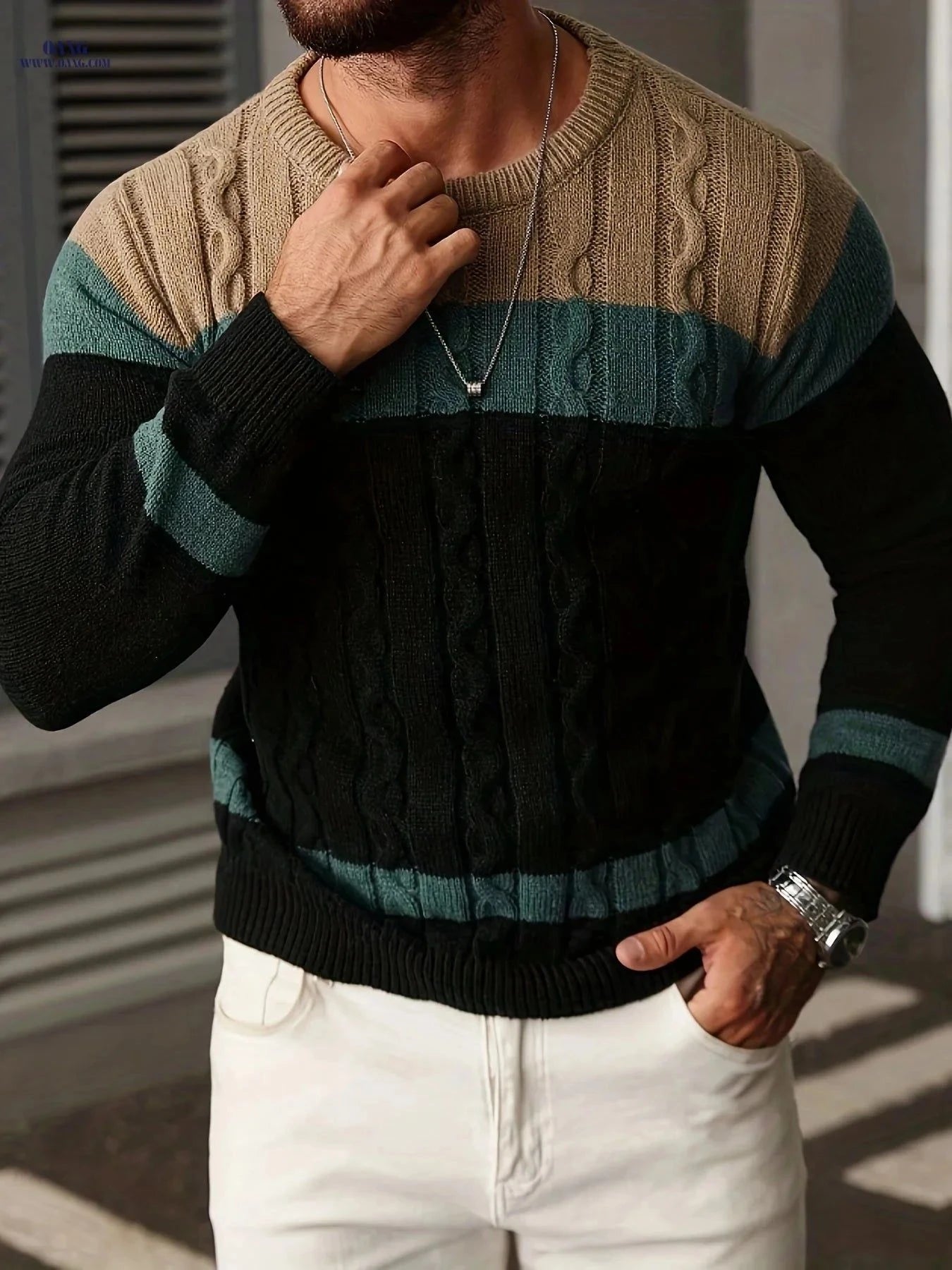 JANE DRESSINGLOG Men's Cable Knit Color Block Sweater - Warm Pullover   OAXG Grey Brown / FR M