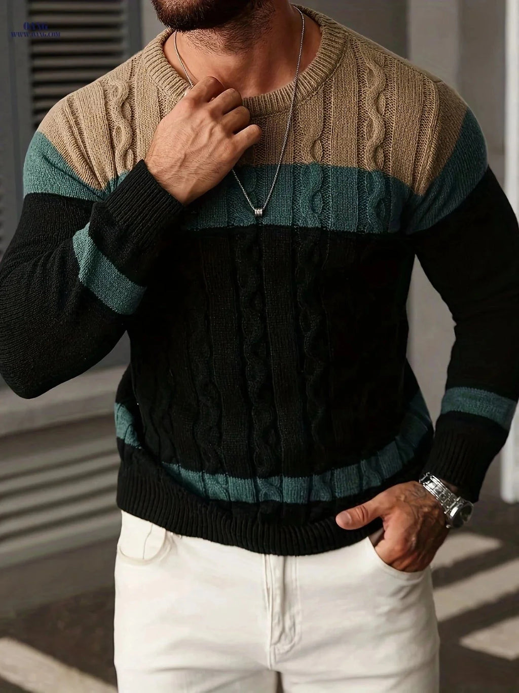 JANE DRESSINGLOG Men's Cable Knit Color Block Sweater - Warm Pullover   OAXG Grey Brown / FR M