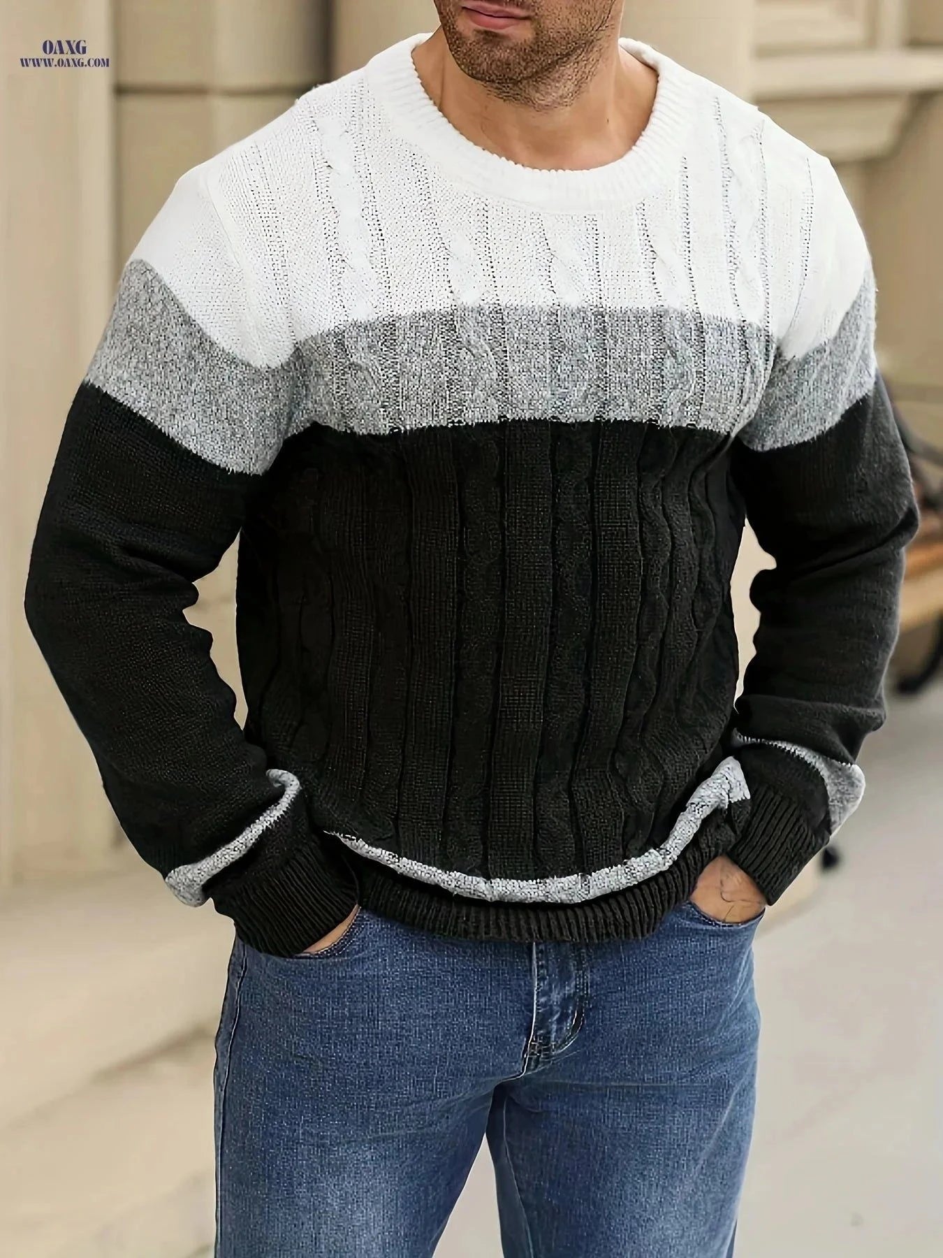 JANE DRESSINGLOG Men's Cable Knit Color Block Sweater - Warm Pullover   OAXG Grey Brown / FR M