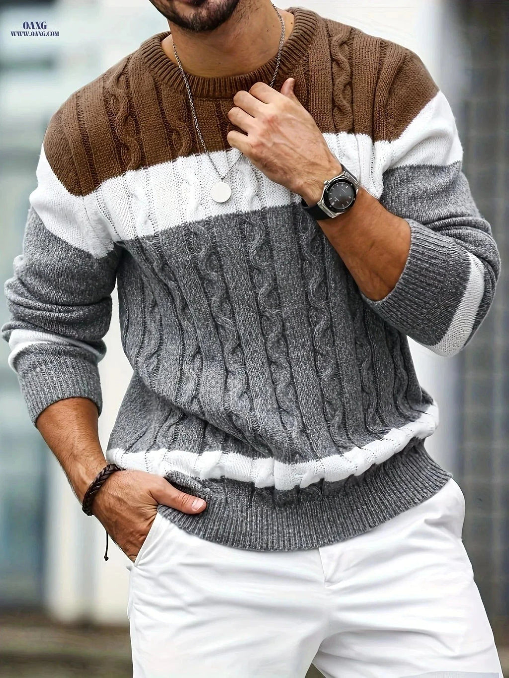 JANE DRESSINGLOG Men's Cable Knit Color Block Sweater - Warm Pullover   OAXG Grey Brown / FR M