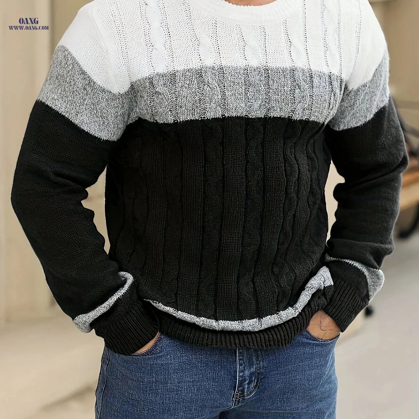 JANE DRESSINGLOG Men's Cable Knit Color Block Sweater - Warm Pullover   OAXG Grey Brown / FR M