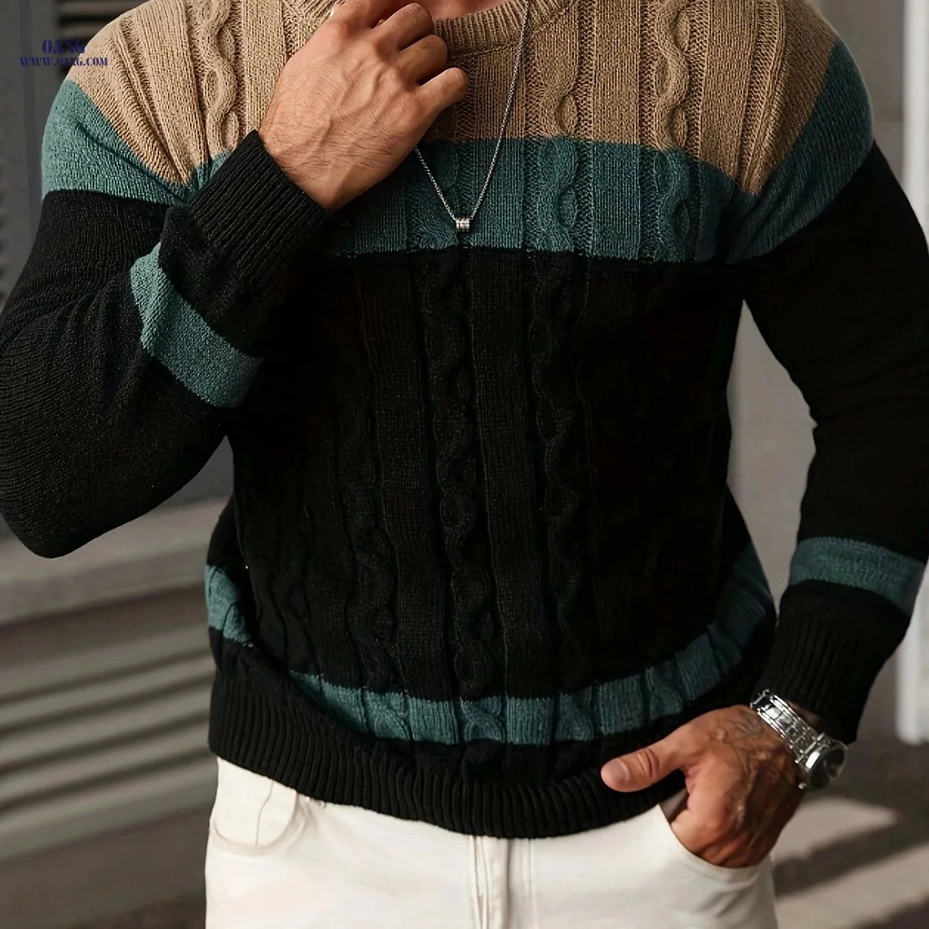JANE DRESSINGLOG Men's Cable Knit Color Block Sweater - Warm Pullover   OAXG Grey Brown / FR M