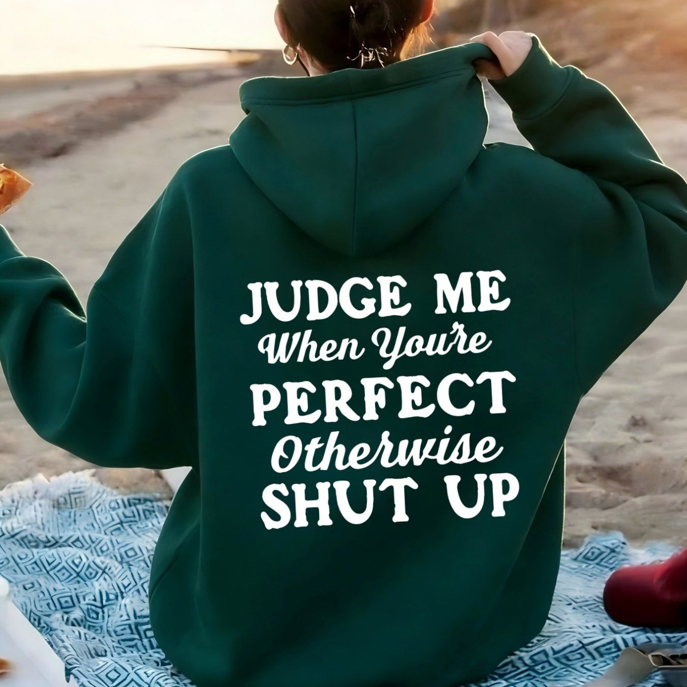 JUDGE ME" Print Design, Boldly Expressing Attitude. Women's Fashionable Casual Sport Hoodie with Back Print   OAXG Dark Green / XS