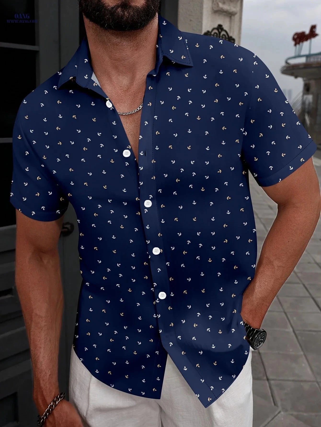 JUHENG Men's Short-Sleeved Anchor Print Shirt - Casual and Trendy   OAXG Navy Color / FR S