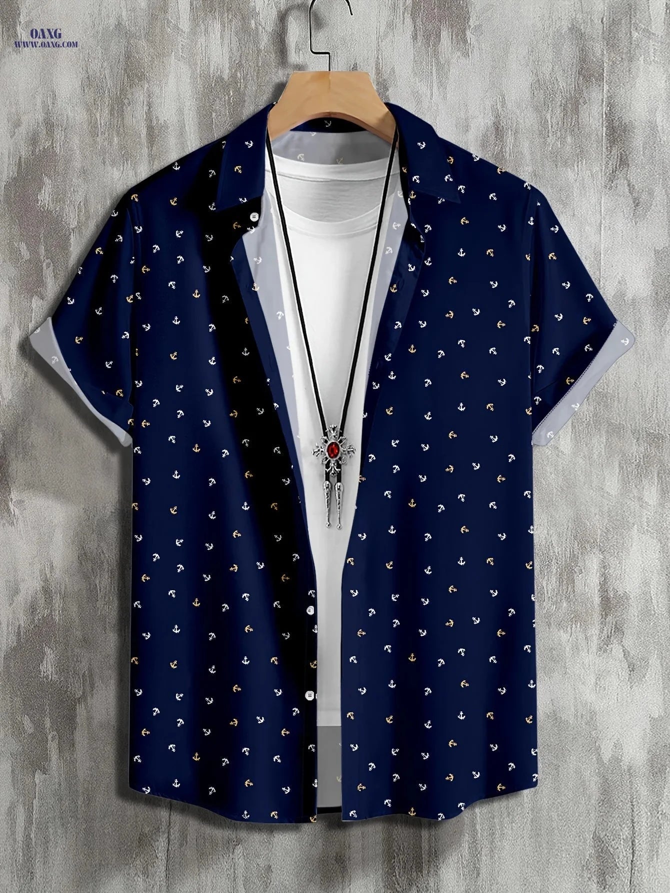 JUHENG Men's Short-Sleeved Anchor Print Shirt - Casual and Trendy   OAXG Navy Color / FR S