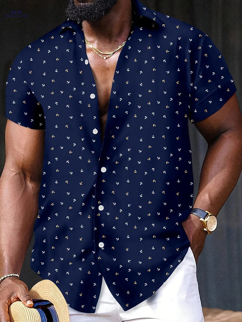 JUHENG Men's Short-Sleeved Anchor Print Shirt - Casual and Trendy   OAXG Navy Color / FR S