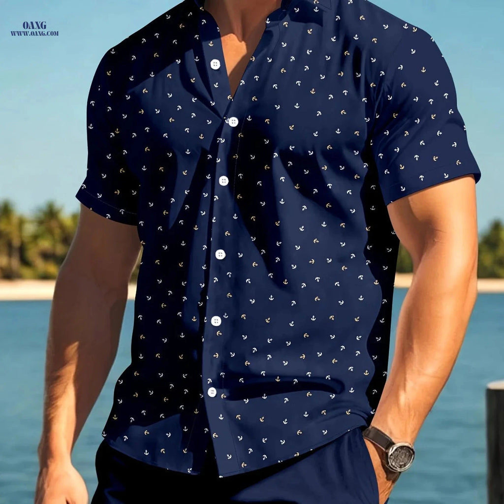 JUHENG Men's Short-Sleeved Anchor Print Shirt - Casual and Trendy   OAXG Navy Color / FR S