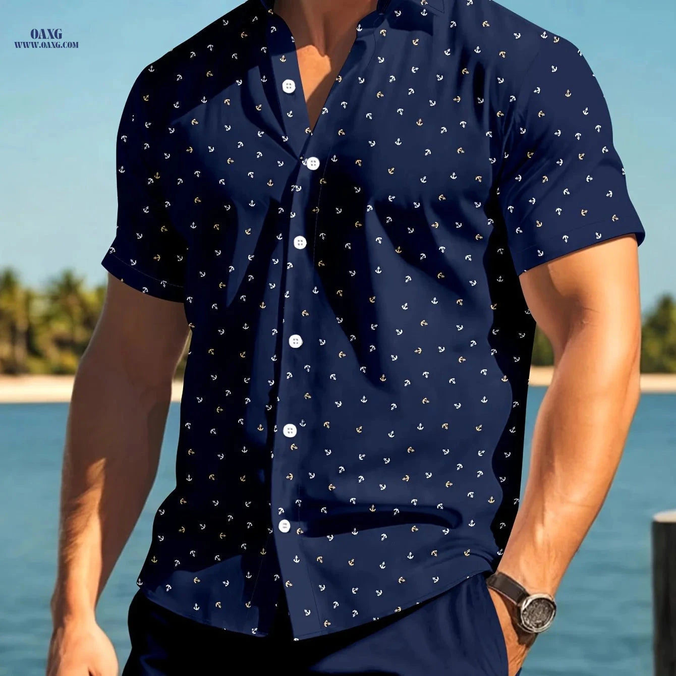 JUHENG Men's Short-Sleeved Anchor Print Shirt - Casual and Trendy   OAXG Navy Color / FR S