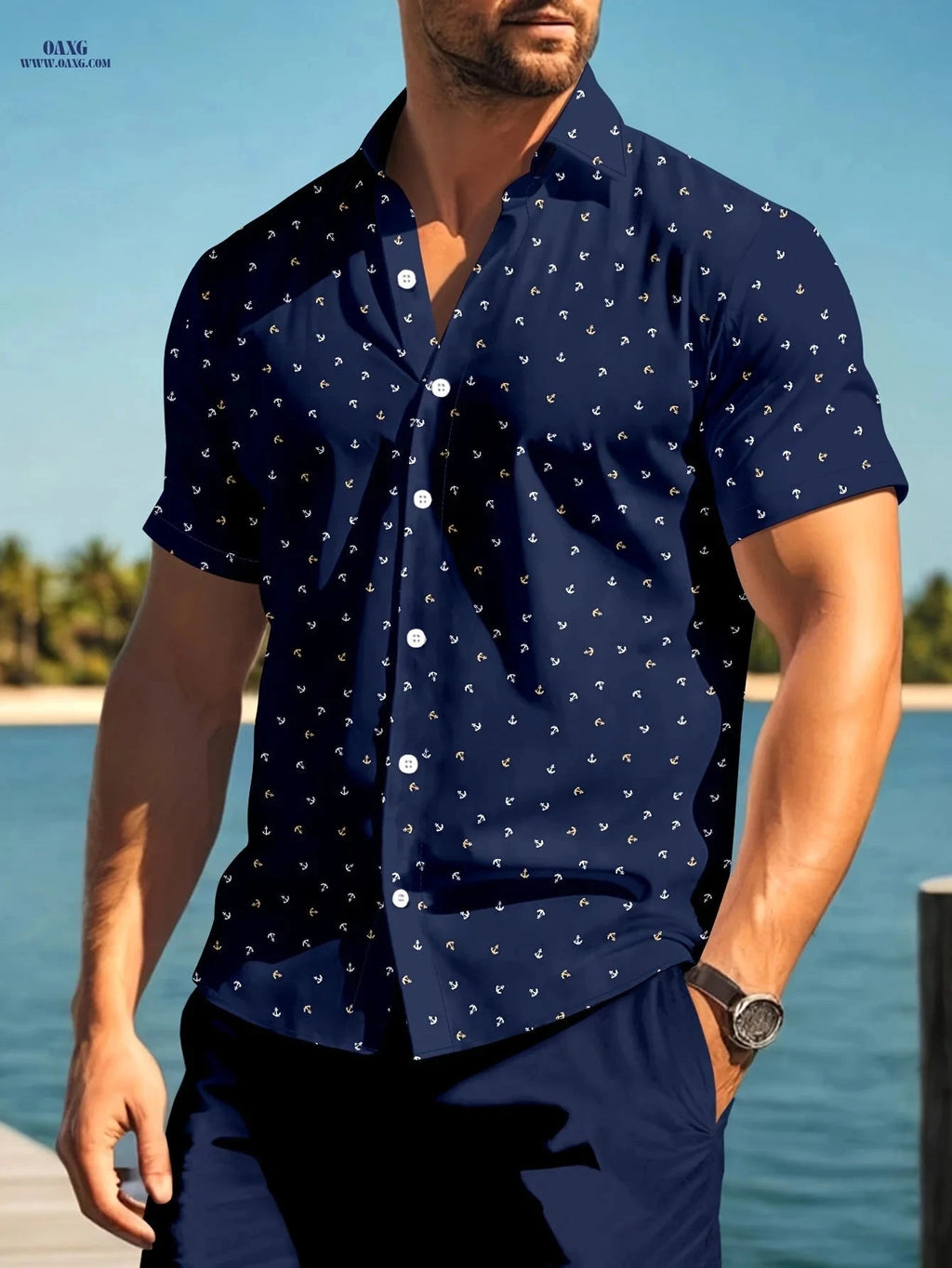 JUHENG Men's Short-Sleeved Anchor Print Shirt - Casual and Trendy   OAXG Navy Color / FR S