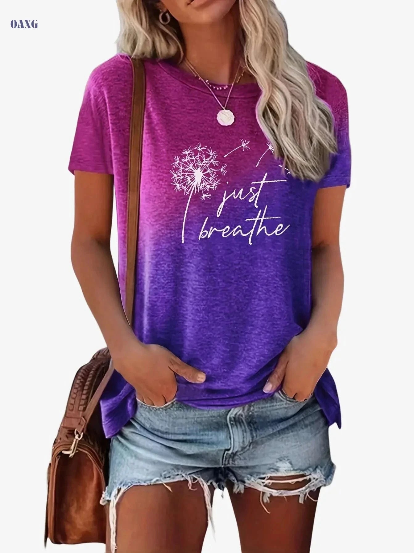 Just Breathe Women's Casual Crew Neck T-Shirt - Dandelion Print   OAXG 