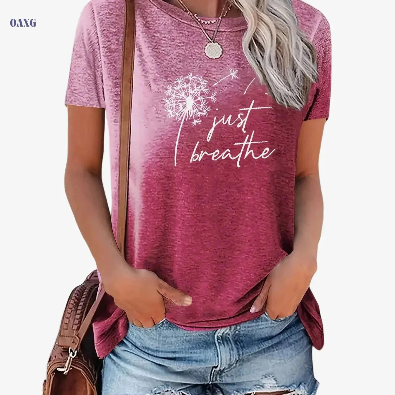Just Breathe Women's Casual Crew Neck T-Shirt - Dandelion Print   OAXG 