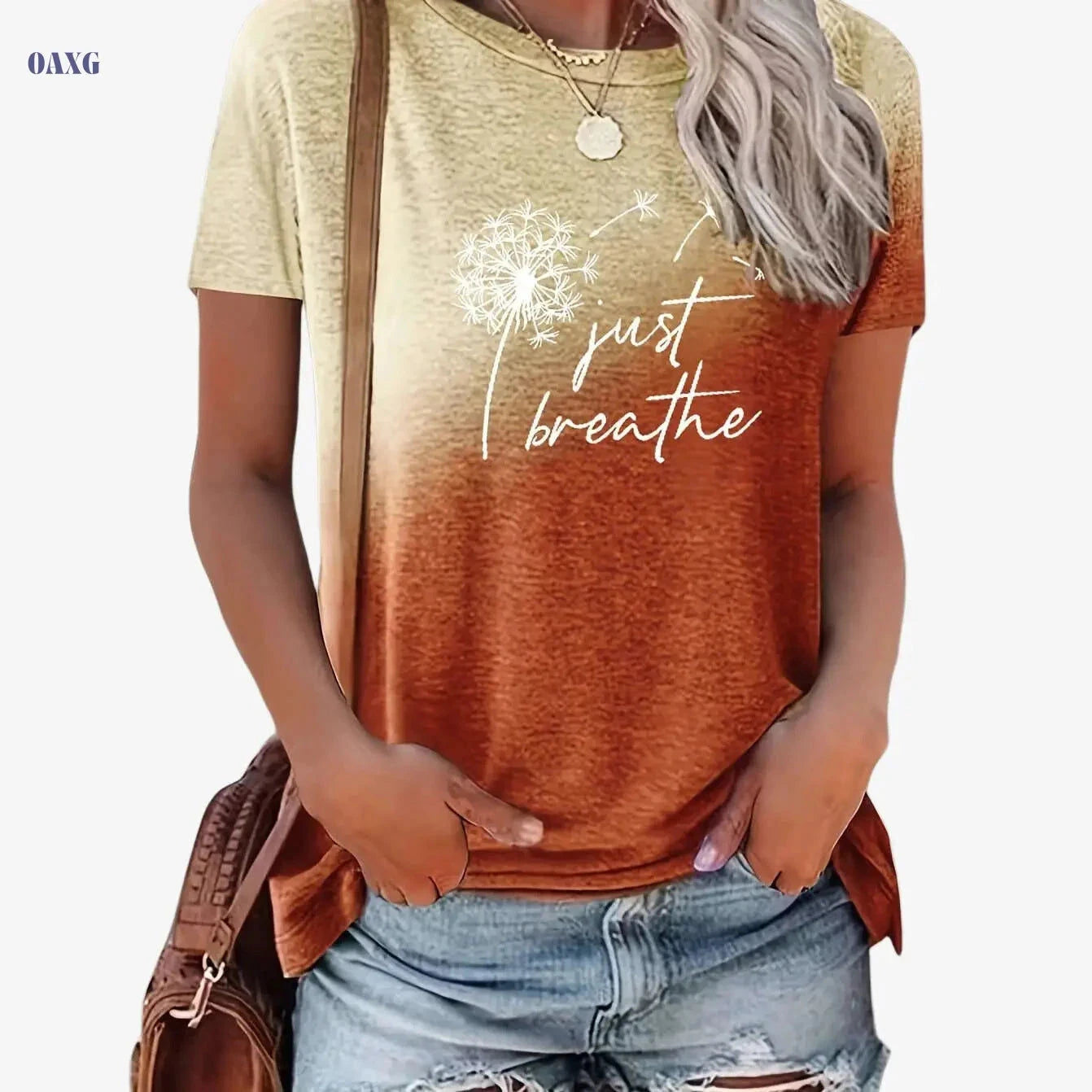 Just Breathe Women's Casual Crew Neck T-Shirt - Dandelion Print   OAXG 