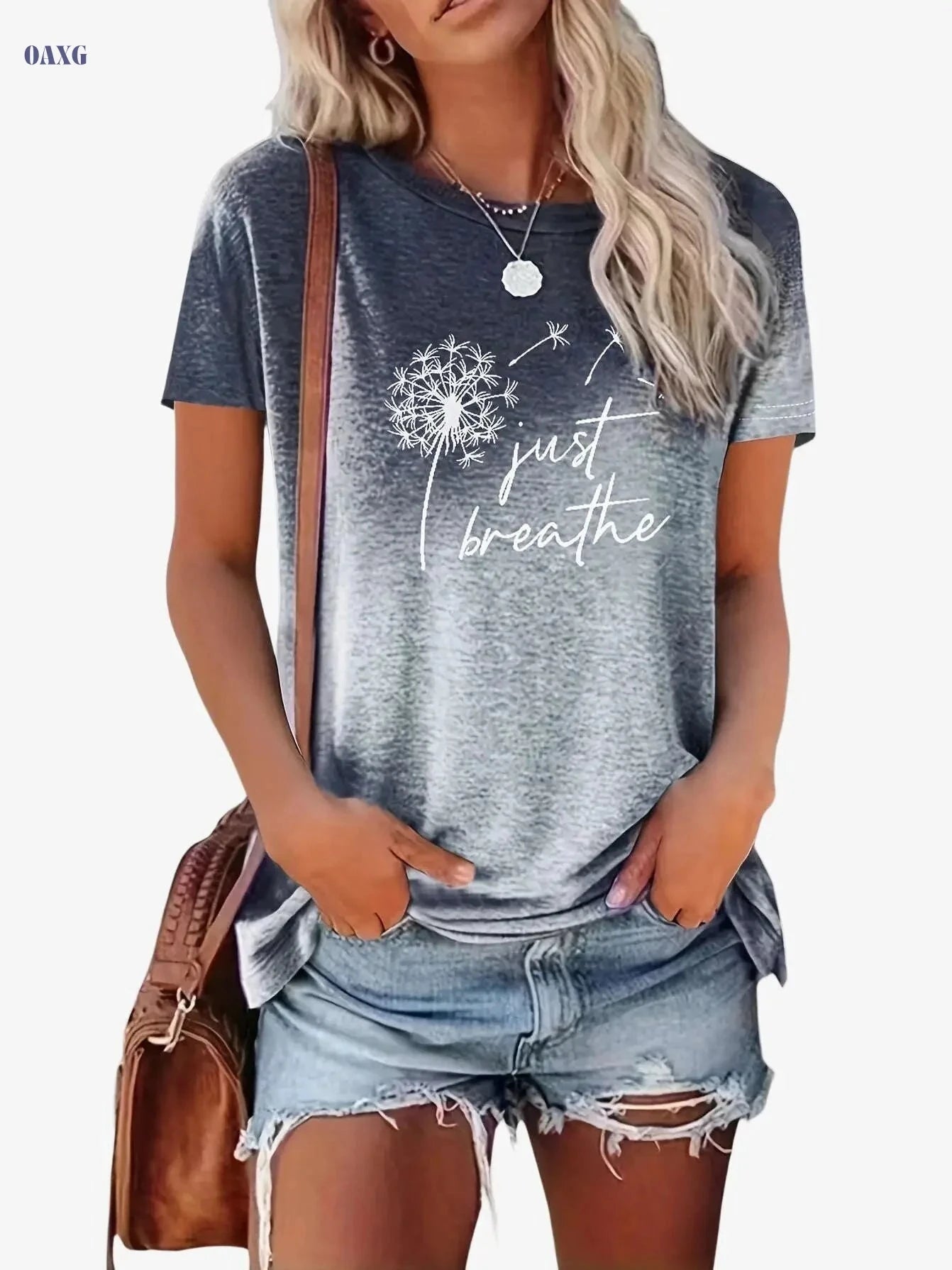 Just Breathe Women's Casual Crew Neck T-Shirt - Dandelion Print   OAXG 