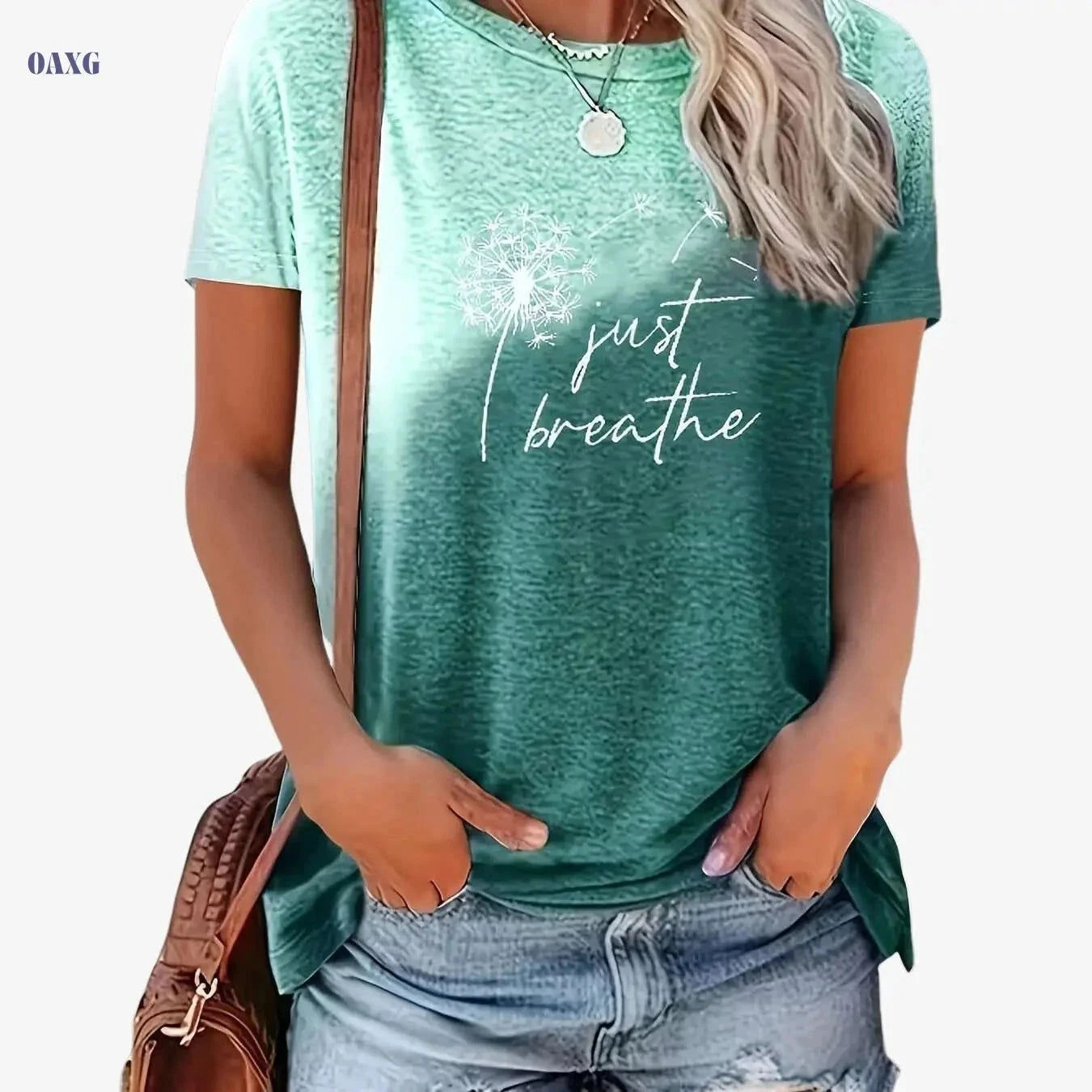 Just Breathe Women's Casual Crew Neck T-Shirt - Dandelion Print   OAXG Mixed Color / S