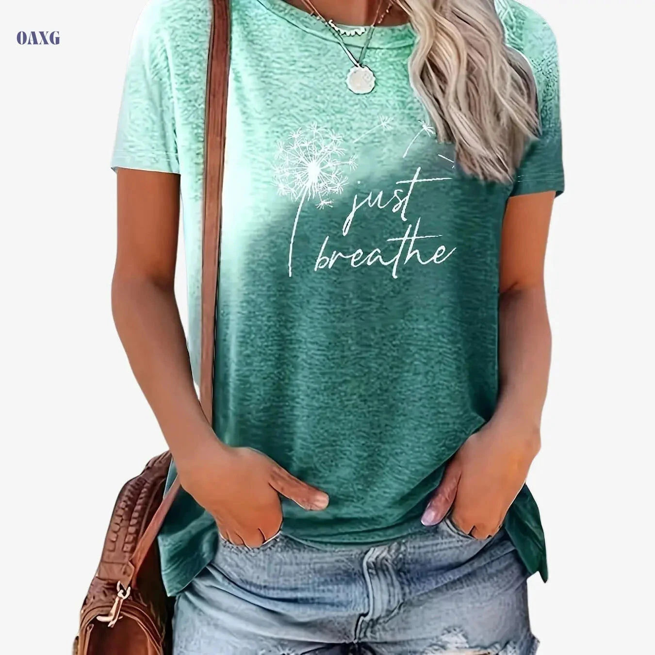 Just Breathe Women's Casual Crew Neck T-Shirt - Dandelion Print   OAXG Mixed Color / S